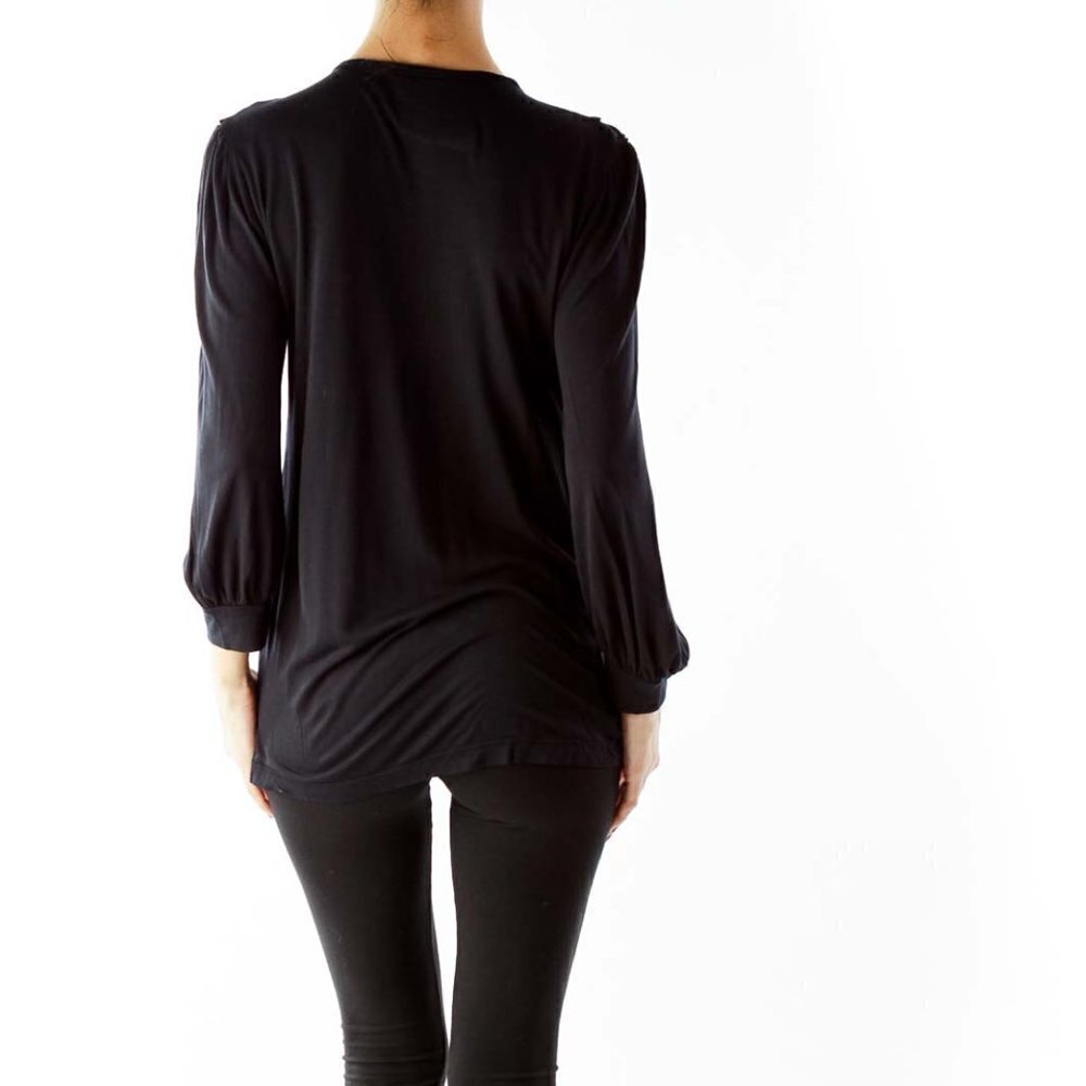 Ella Moss Black Three Quarter Sleeve Buttoned Bow Blouse - Picture 3 of 3